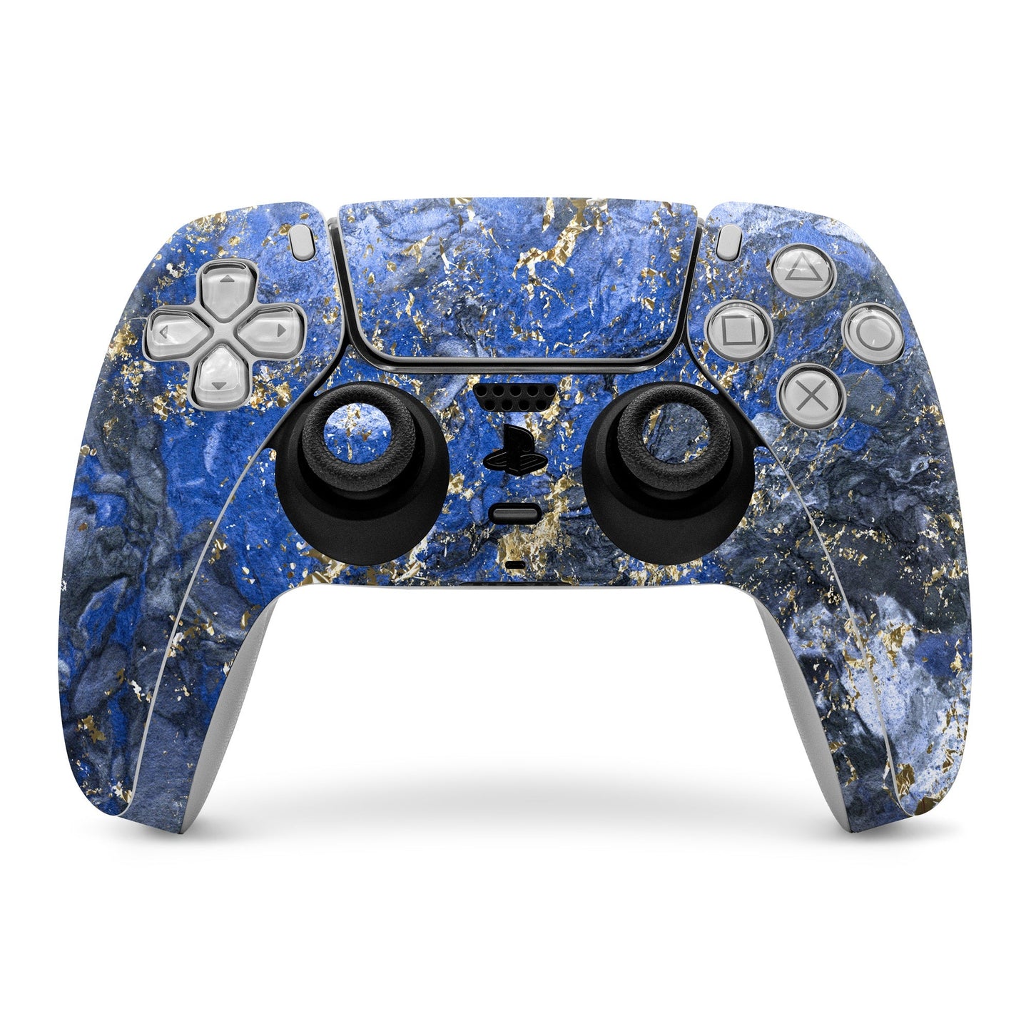PS5 controller skin, blue marble with gold speckles, covering buttons and thumbsticks
