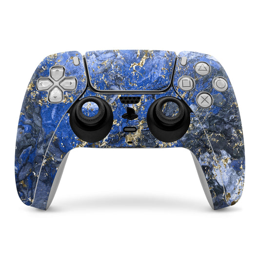 PS5 controller skin, blue marble with gold speckles, covering buttons and thumbsticks