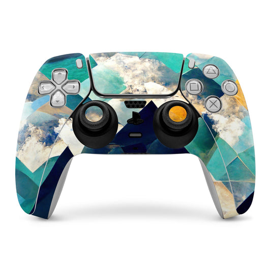 PS5 controller skin with teal and blue cloud-style geometric pattern