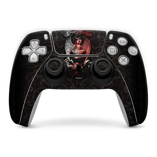 PS5 controller skin with black base and red Good vs Evil winged graphic