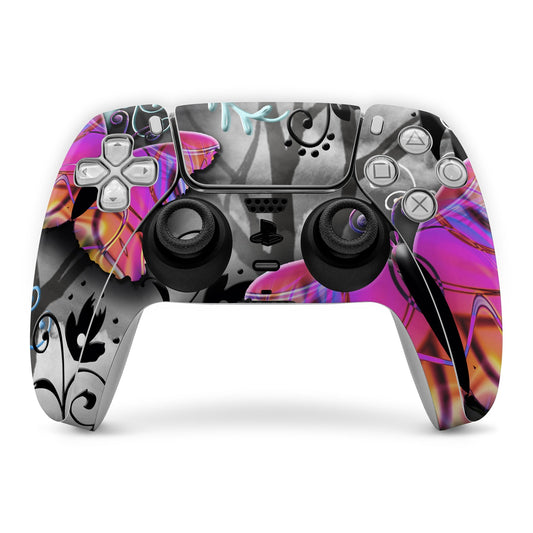 PS5 controller skin with purple and teal abstract pattern