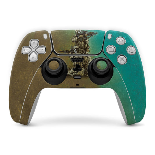 PS5 controller skin with green/olive design and central soldier graphic