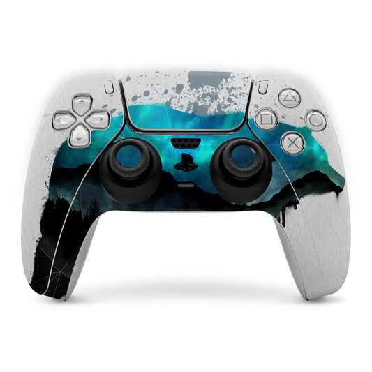 PS5 controller skin with teal and blue splatter art, shows DualSense button layout