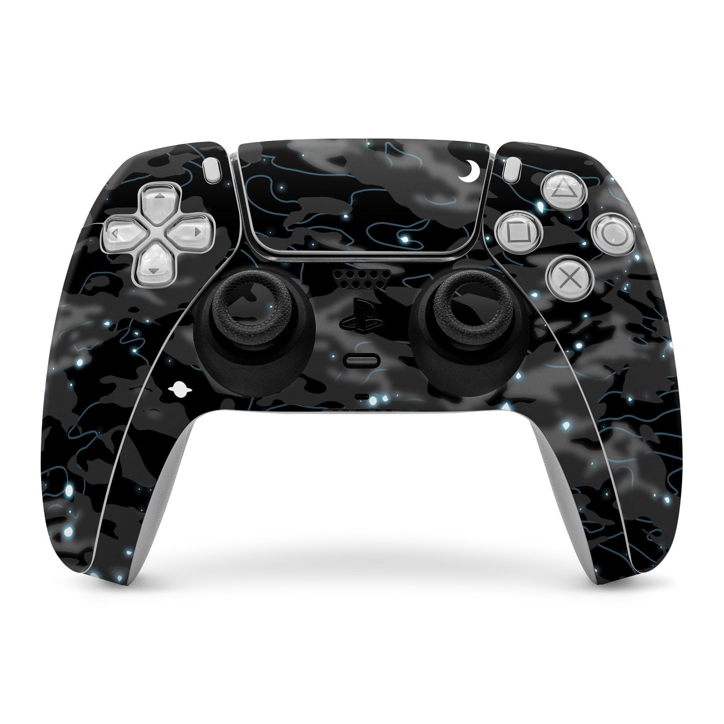 PS5 controller skin in black with blue space-glow pattern and button icon outlines.
