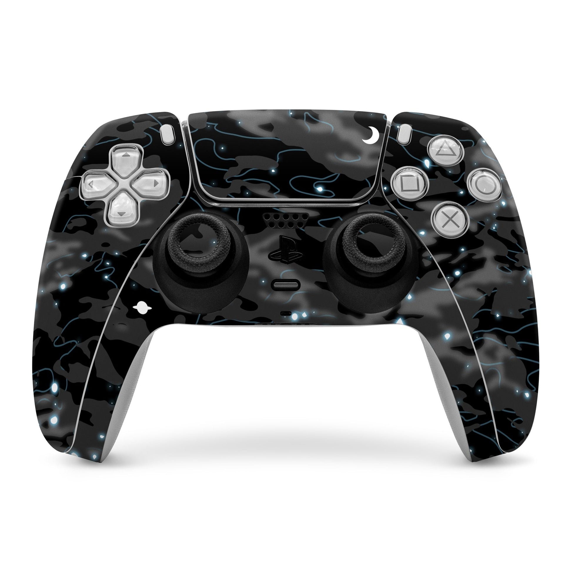 PS5 controller skin in black with blue space-glow pattern and button icon outlines.