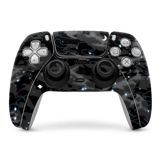 PS5 controller skin in black with blue space-glow pattern and button icon outlines.