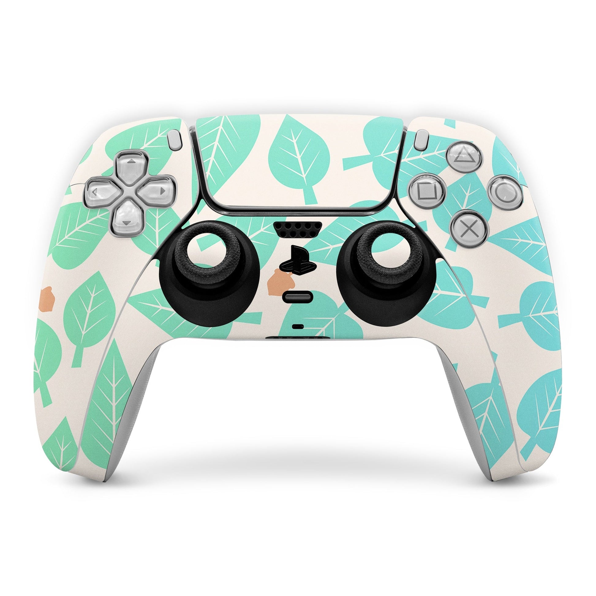 Sony PS5 controller skin with mint leaf and branch pattern, with cutouts for buttons and sticks