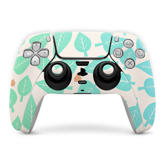 Sony PS5 controller skin with mint leaf and branch pattern, with cutouts for buttons and sticks