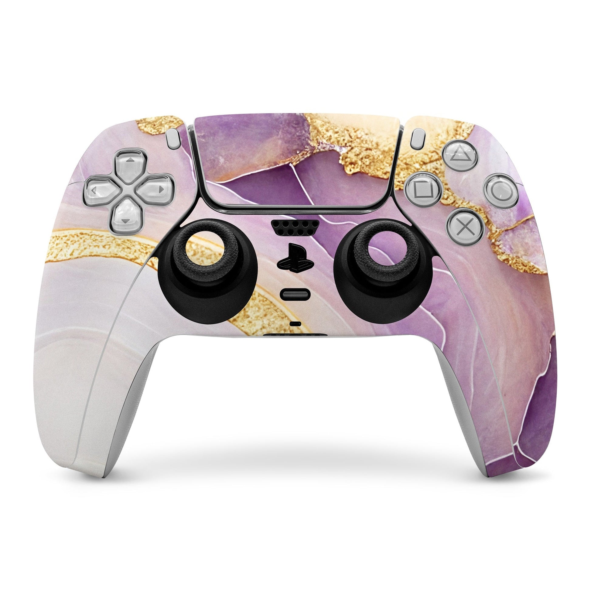 PS5 controller skin with purple agate and gold fleck design covering touchpad and buttons