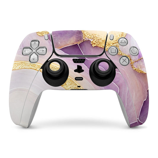 PS5 controller skin with purple agate and gold fleck design covering touchpad and buttons