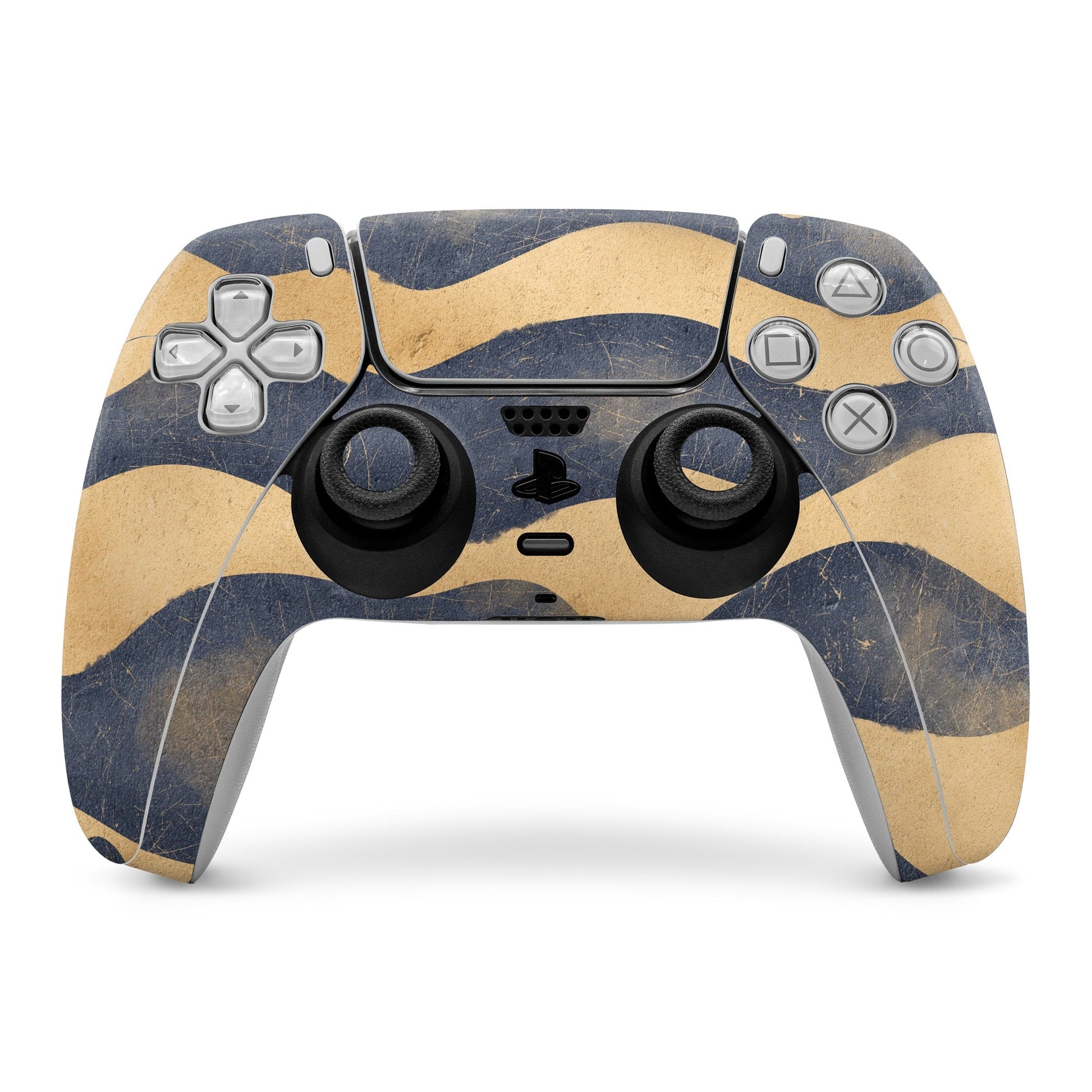Sony PS5 controller skin with abstract blue and tan pattern covering the front