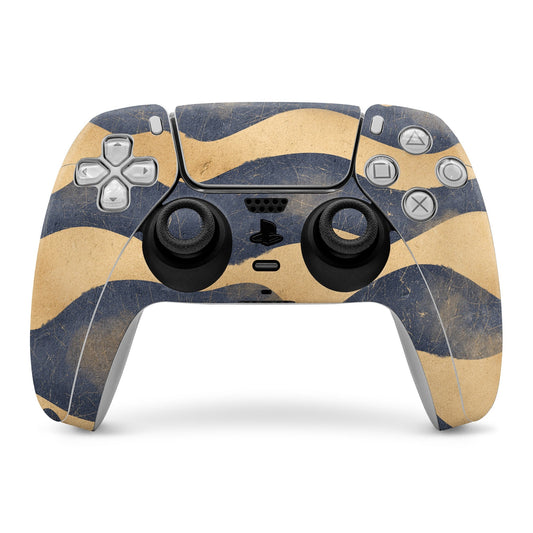 Sony PS5 controller skin with abstract blue and tan pattern covering the front