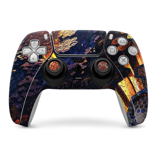 PlayStation 5 controller skin with colorful game-style graphic art on grips and buttons