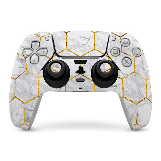 Honey marble PS5 controller skin with white marble and gold geometric lines