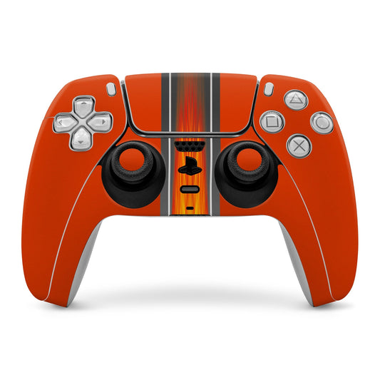 Orange PS5 controller skin with black center stripe and hot-rod flame graphic