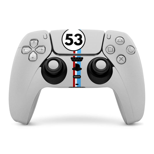 PlayStation 5 controller skin with 53 graphic and blue-red stripe design