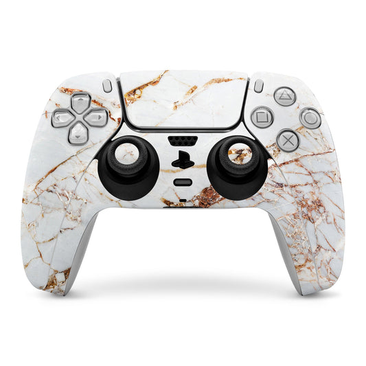 Sony PS5 controller skin, white marble design with gold veining over front buttons