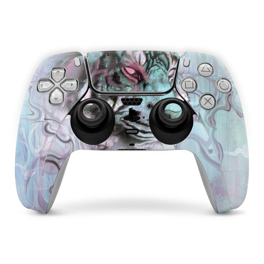 PS5 controller skin with pastel blue and purple animal eye graphic and black thumbsticks