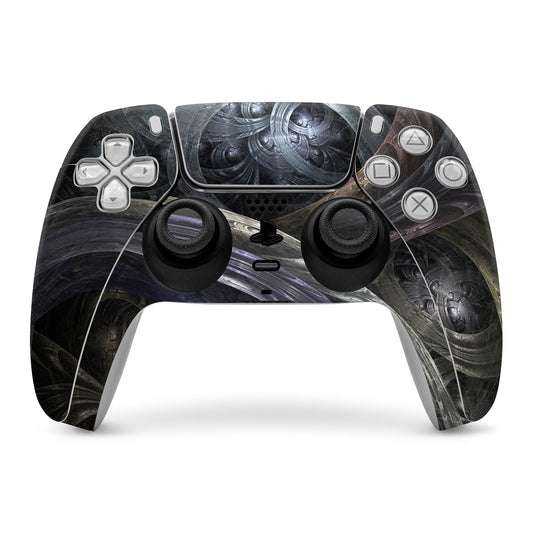 PlayStation 5 controller skin with black and gray graphic, showing buttons and analog sticks