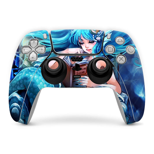 PS5 controller skin with blue anime-style character graphic and button cutouts