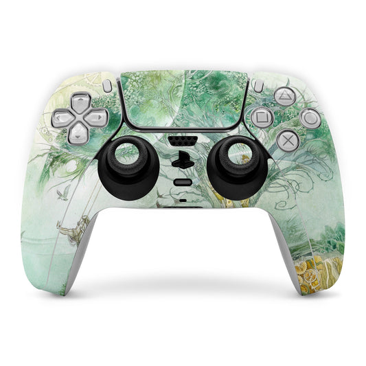 Sony PS5 controller skin with green leaf pattern over buttons and touchpad