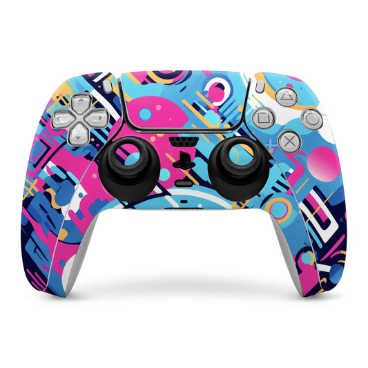 PlayStation 5 controller skin with colorful abstract pattern and black thumb grips