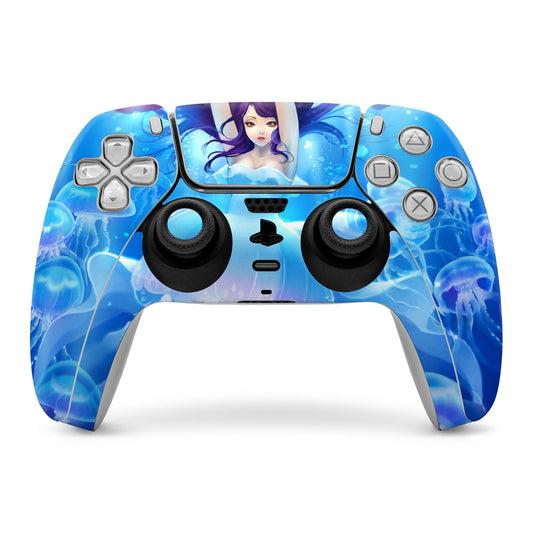 PlayStation 5 controller skin with blue bubble art and anime-style character center
