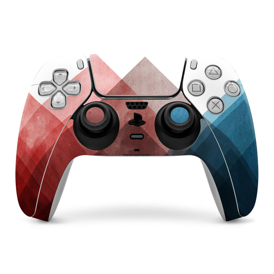PS5 controller skin with red, pink, and blue geometric design on front grips and buttons