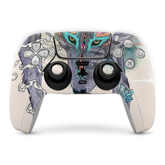 PS5 controller skin with purple, blue, and teal fantasy creature face design