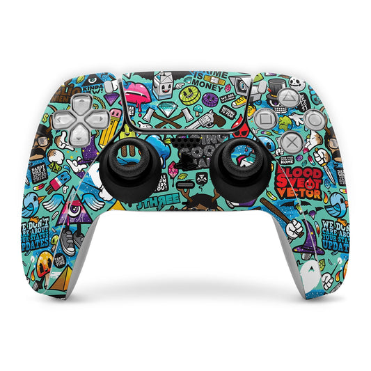 Colorful PS5 controller skin with graffiti-style icons and thumbstick cutouts