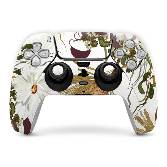 PS5 DualSense controller skin with white, green floral leaves and purple accents