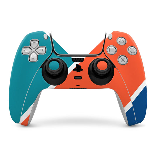 DualSense controller skin with teal left, orange right, and blue accent panels