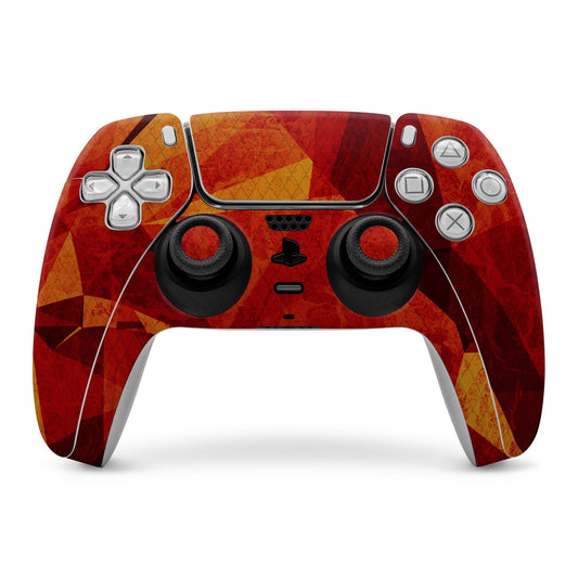 Red and yellow geometric PS5 controller skin with patterned grip and button areas
