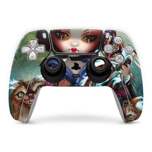 PlayStation 5 controller skin with colorful cat face artwork over button area