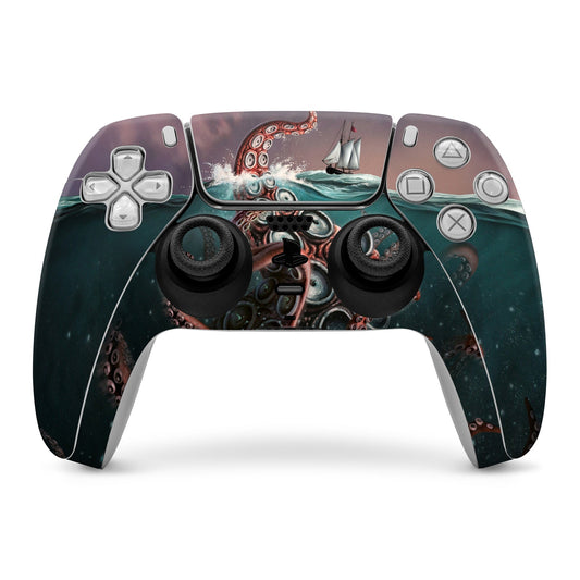 Kraken PS5 controller skin with octopus and ship artwork, dark teal and purple