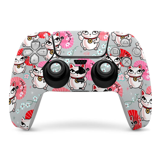 PS5 controller skin with colorful cat pattern, cutouts for buttons and thumbsticks
