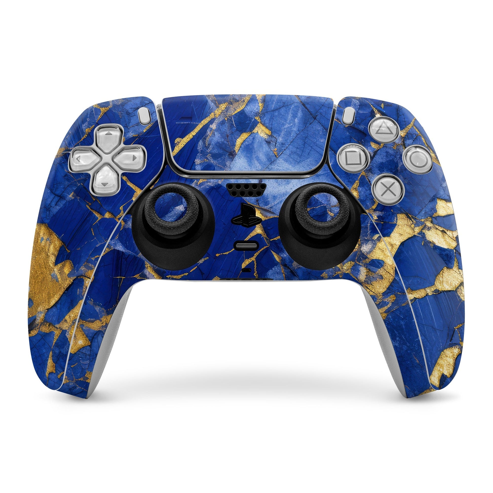 PS5 controller skin with blue marbled texture and gold geometric accents