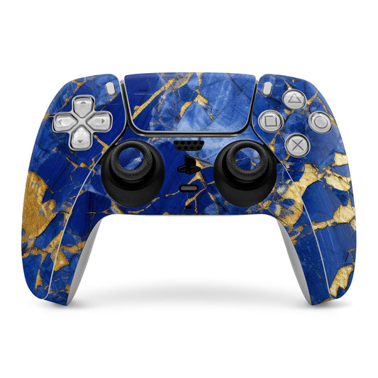 PS5 controller skin with blue marbled texture and gold geometric accents
