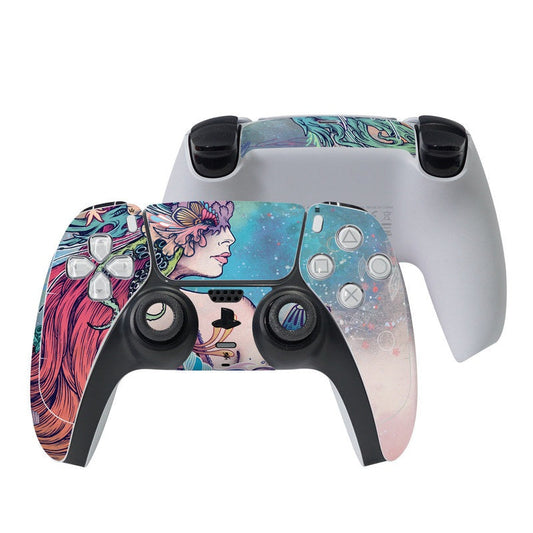 PS5 controller skin with colorful mermaid portrait and galaxy background wrap