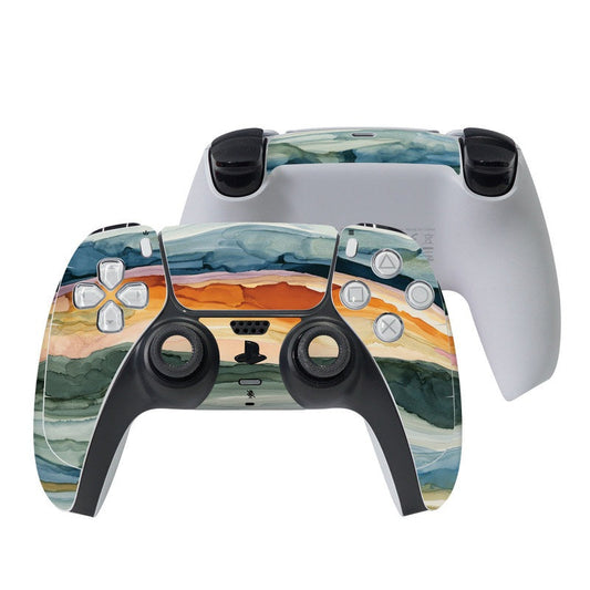 PS5 controller skin with layered ocean, sand, and sky landscape print