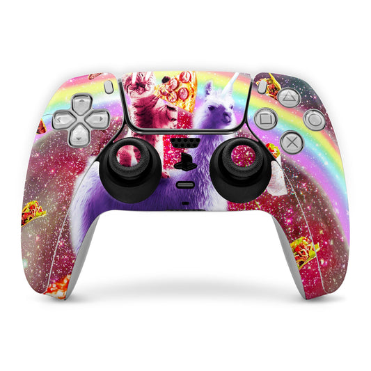PS5 controller skin with colorful llama, pizza, rainbow splash artwork