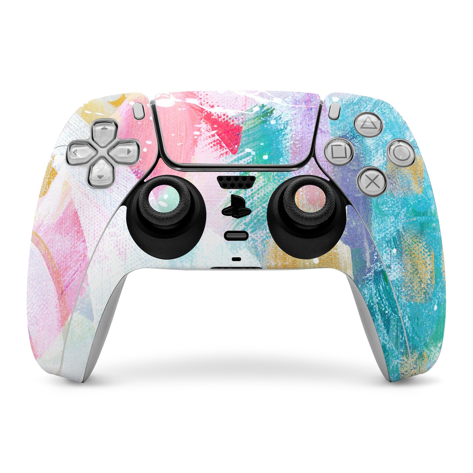 PlayStation 5 controller skin with multicolor paint-splash artwork
