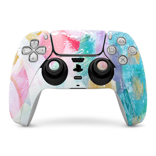 PlayStation 5 controller skin with multicolor paint-splash artwork