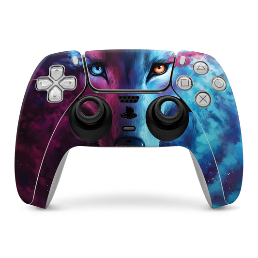 PS5 controller skin with blue, pink, and purple galaxy artwork and button cutouts