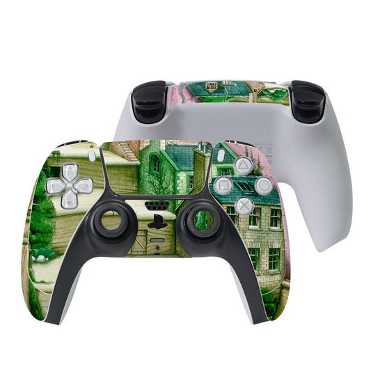 PS5 controller skin with green city buildings and pink accents, wrap over front grips