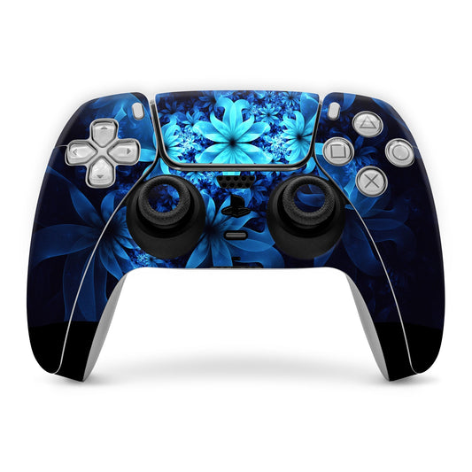PlayStation 5 controller skin with blue luminous flower pattern and button cutouts