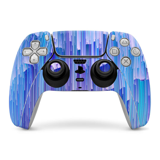 PS5 controller skin with blue vertical streak pattern over face buttons and thumbsticks