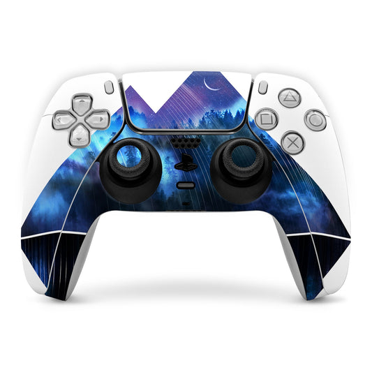 PS5 controller skin with blue galaxy mountain artwork over front panel and grips