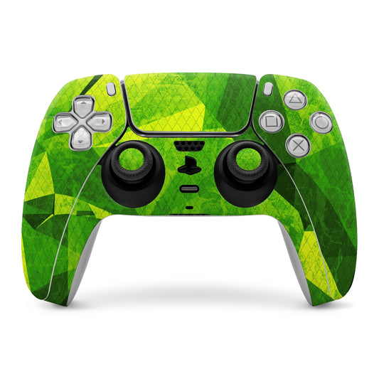 Green geometric PS5 DualSense controller skin with diamond scale pattern.