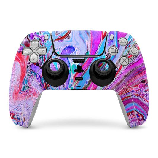 Sony PS5 controller skin with colorful marbled swirls in purple, pink, and blue.